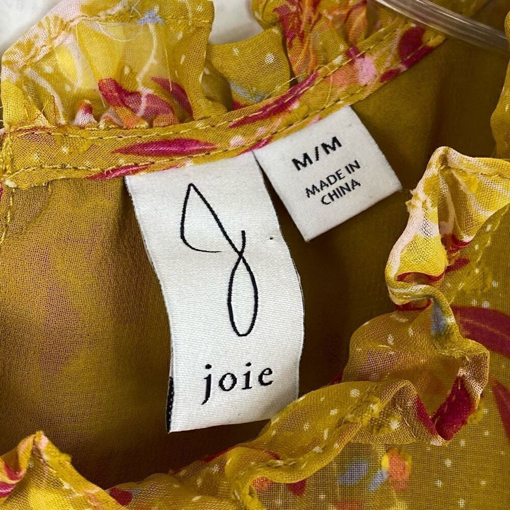 Joie Mustard Yellow & Red Floral Swiss Dot Cap Sleeve Blouse Top Shirt Size M - Picture 7 of 9